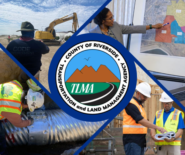 Banner for TLMA Telegram newsletter with a collage of photos showing road workers, building inspectors and a planner doing their work.