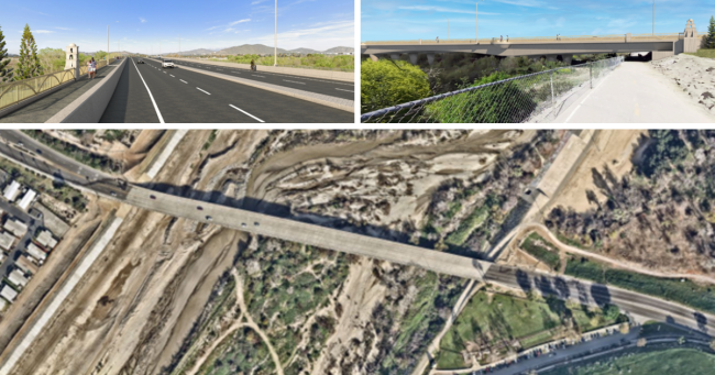A collage of three photos of Mission Boulevard Bridge. One photo is an illustration of a woman walking on a pedestrian trail as traffic flows alongside the bridge. The second photo is an illustration of a side view of the bridge and the third photos is an overhead drone shot of Mission Boulevard with cars driving across.
