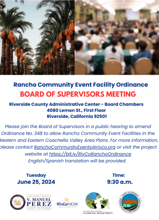 Flyer for Board of Supervisors meeting about Ranchos Ordinance 