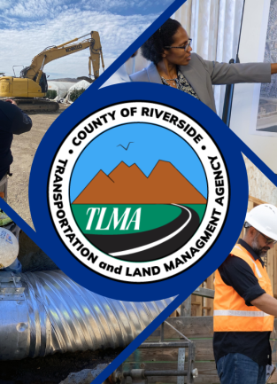 Banner for TLMA Telegram newsletter with a collage of photos showing road workers, building inspectors and a planner doing their work.