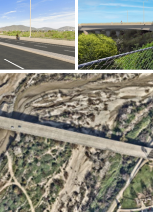 A collage of three photos of Mission Boulevard Bridge. One photo is an illustration of a woman walking on a pedestrian trail as traffic flows alongside the bridge. The second photo is an illustration of a side view of the bridge and the third photos is an overhead drone shot of Mission Boulevard with cars driving across.